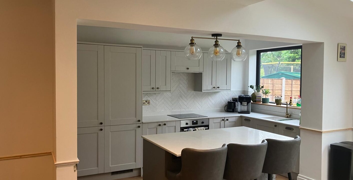 Guardian Structural Ltd expertly removing an internal wall to combine two rooms, creating a spacious open-plan layout with a newly installed modern kitchen in a stylish Fallowfield home renovation.