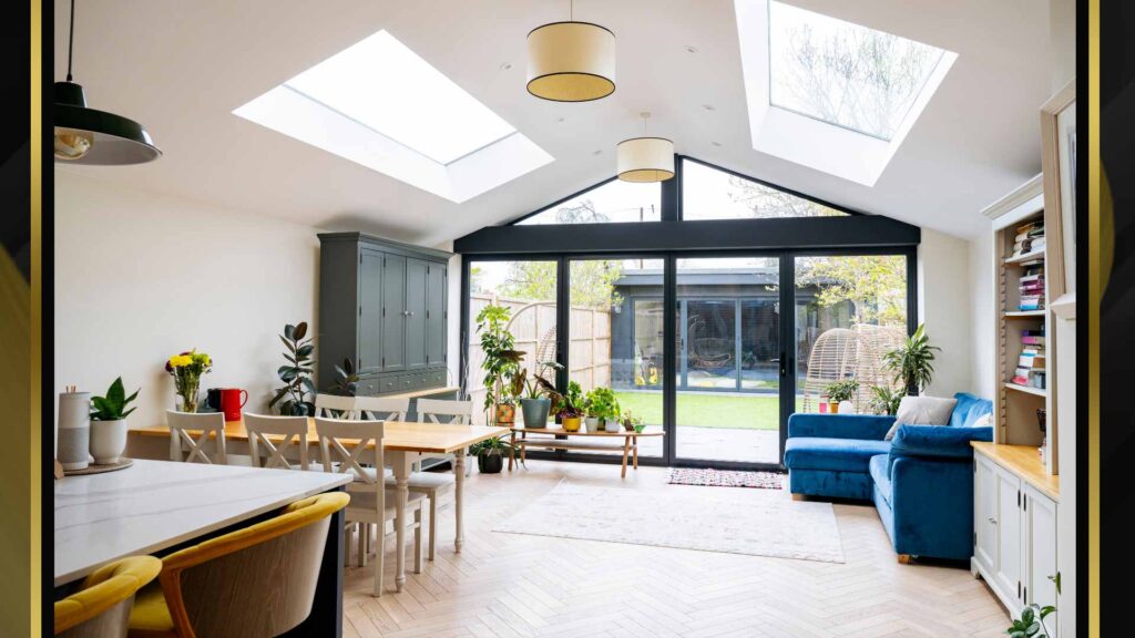 Bright, spacious internal view of a completed house extension in Warrington by Guardian Structural Ltd, featuring an open-plan living area with skylights and bifold doors, demonstrating high-quality finishes and an abundance of natural light.