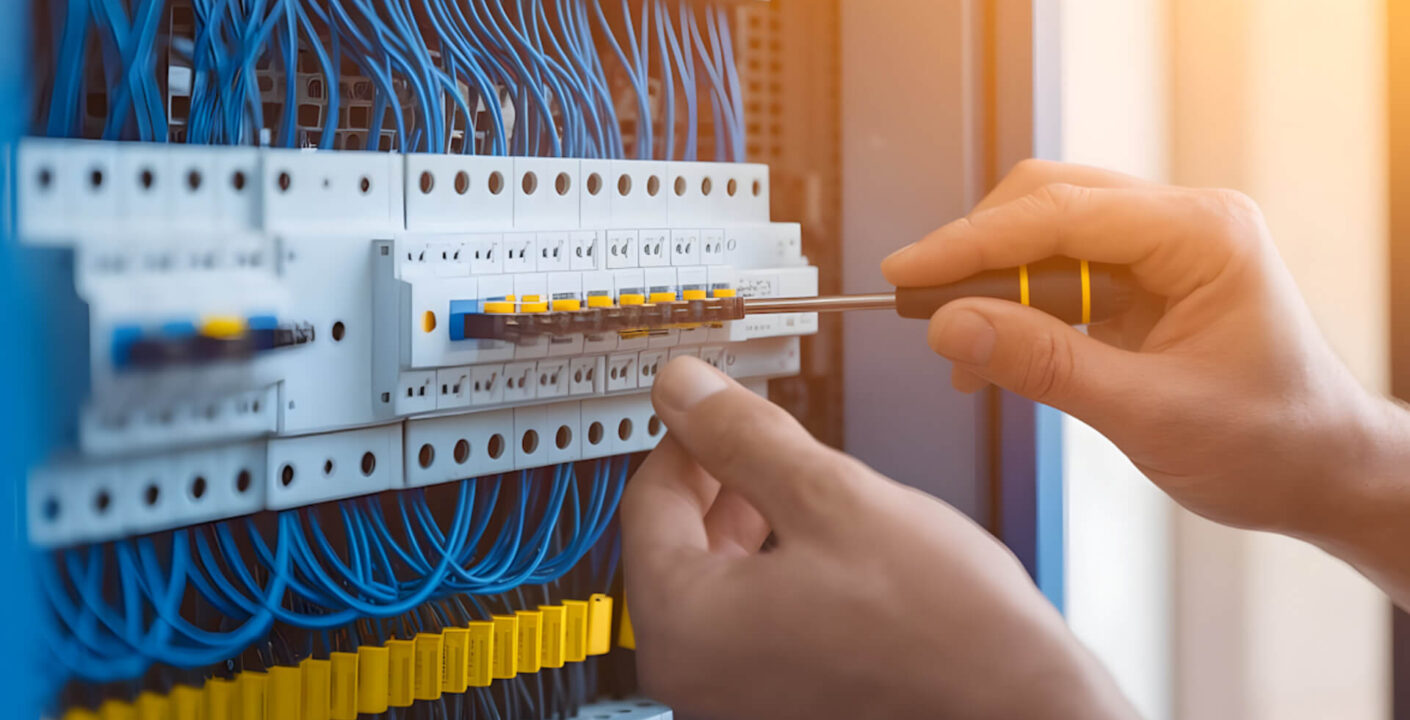 Close-up of a modern consumer unit (fuse board) meticulously and safely installed, showcasing expert electrical workmanship and attention to detail.