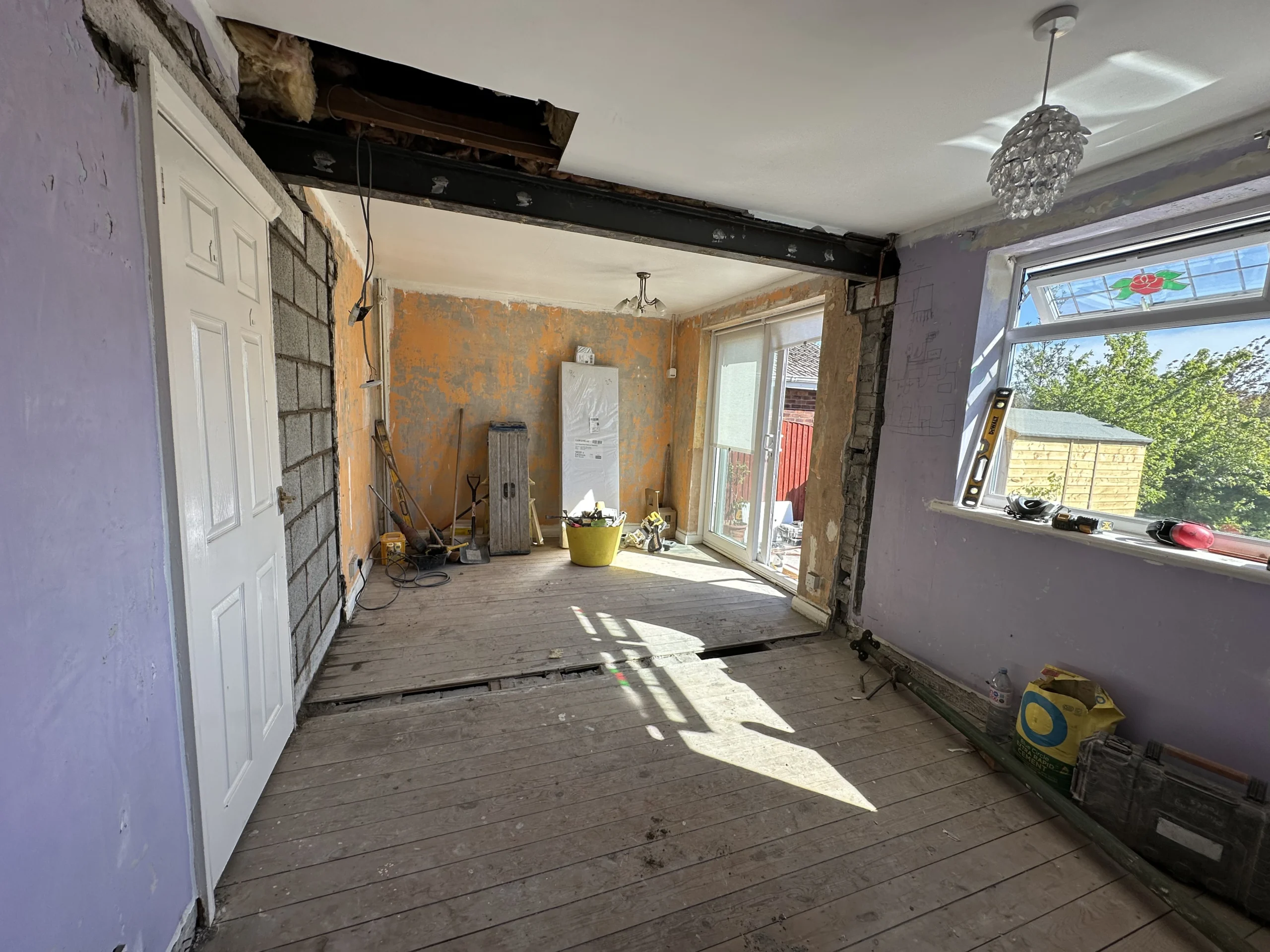 RSJ steel beam installed after load-bearing wall removal in Warrington residential property